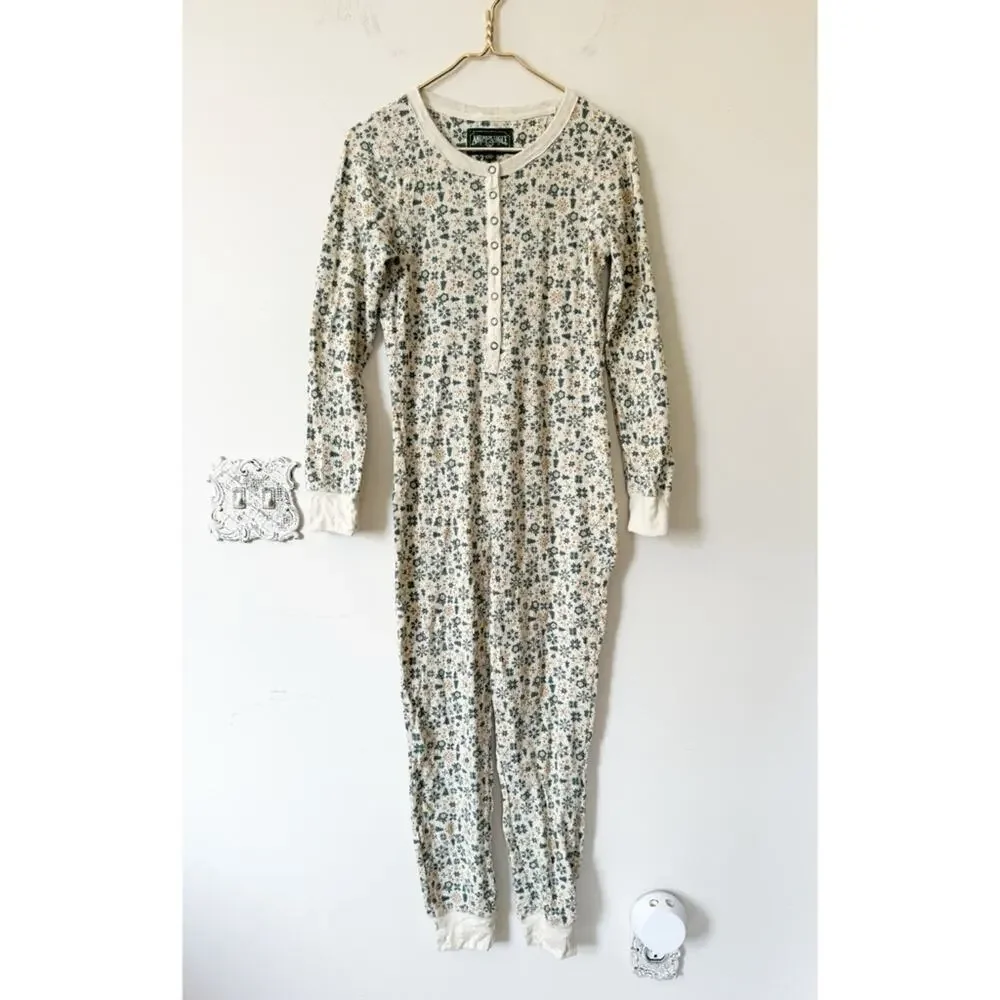 American Eagle Green Tree Snowflake Winter Thermal One Piece Long John Pajamas M